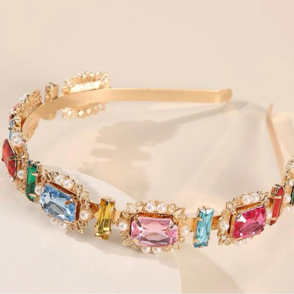 New gold base headband with multicolored gems & jewels.